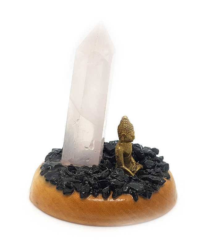 Buddha mit Rosenquarz Spitze und Onyx in Holzgefäß